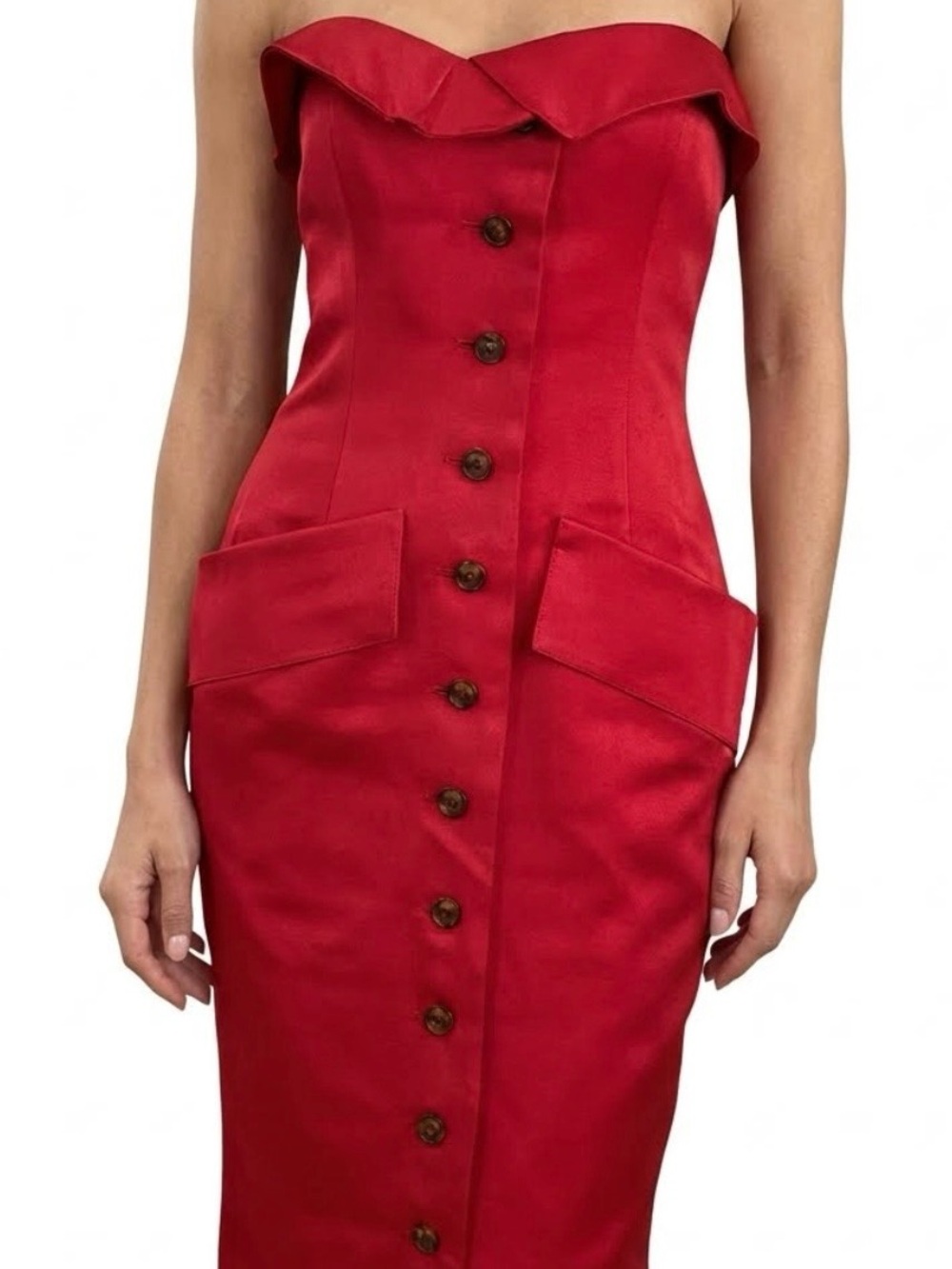Saint Laurent Strapless Red Button-Front Midi Dress rare silk pocket vintage vnt